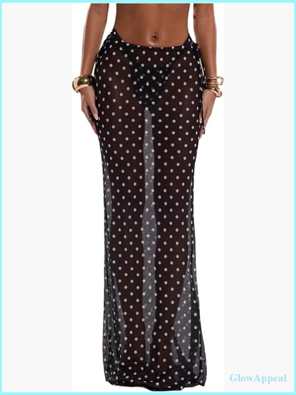 Polka Dot Sheer Mesh Long Maxi Skirt with Drawstring Side - Swim Cover Up